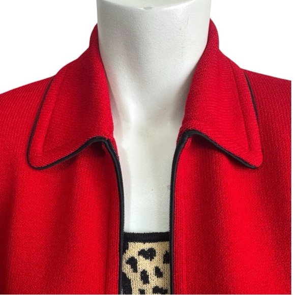 ST JOHN Red Wool Knit Zip Jacket with Leopard Tank Twin Set Women’s 2 - Picture 6 of 16